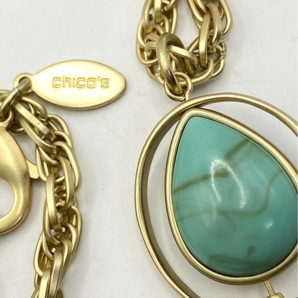 CHICO'S Long Turquoise Blue Gold Tone Long Necklace - Picture 6 of 7